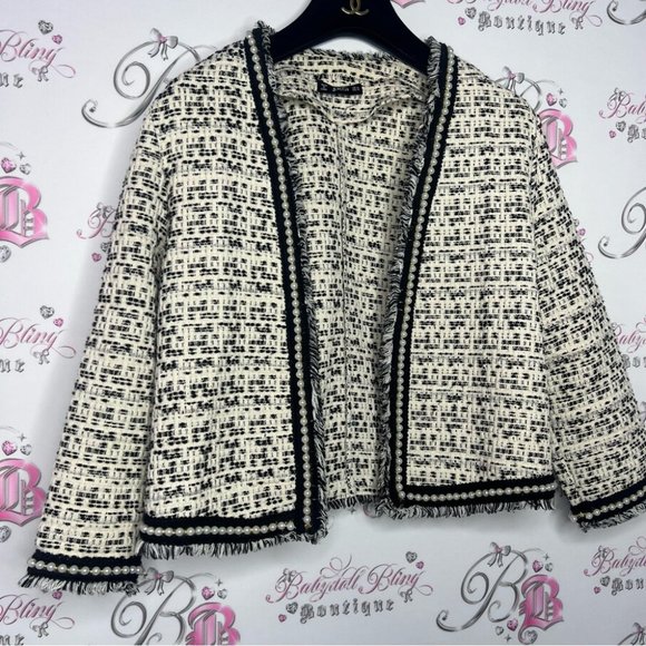 SHEIN blazer with faux pearl trim sparkly cream and black stunning tweed fabric - Picture 2 of 11